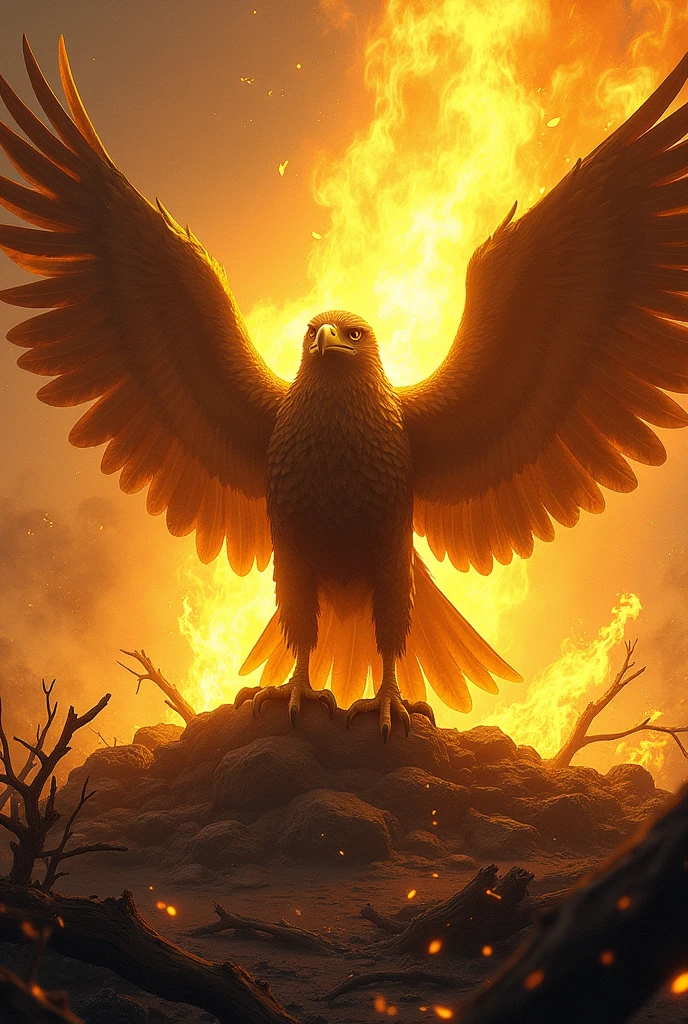  Hawk on the ground with debris from nature, open wings, golden power, background on fire 