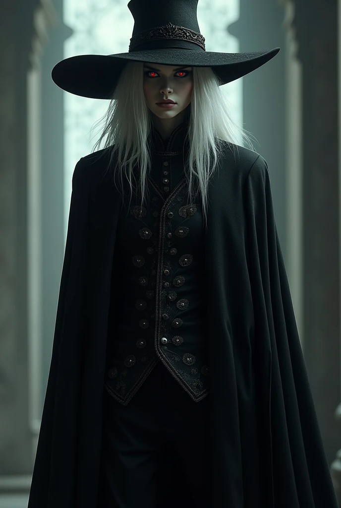 Appearance: Konstantin is a tall, skinny vampire, with long white hair that contrasts with her equally pale skin. His eyes are piercing red and slanted., which accentuates its aura of mystery and threat. He usually wears extravagant and dark clothes., including a long-brimmed black hat that enhances his enigmatic presence.