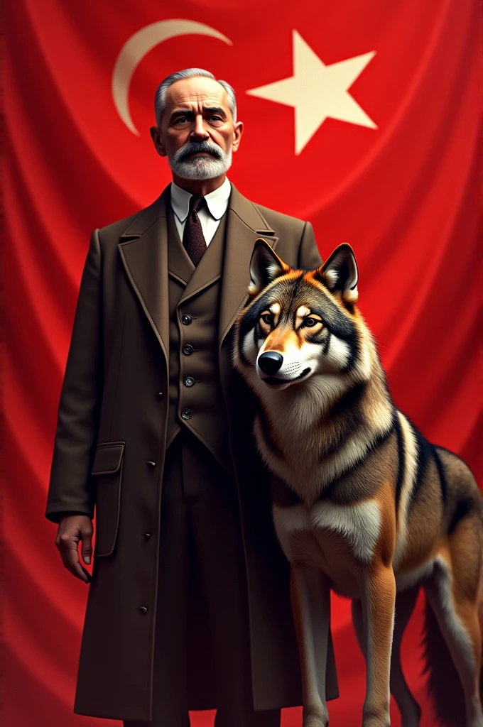 In the background the Turkish flag is red and Atatürk and the wolf 