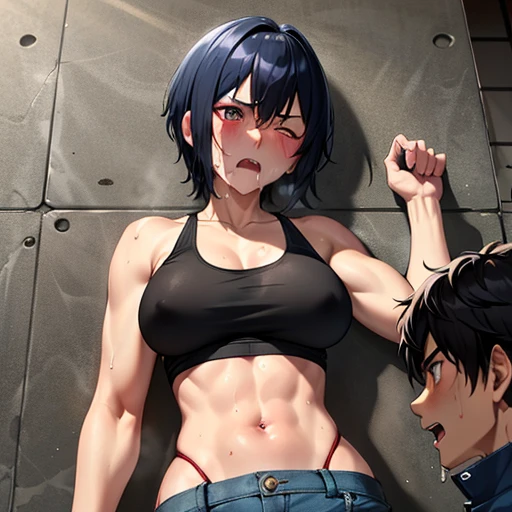 picture of a male and a female. a male streetfighter is striking a japanese female streetfighter's body by hard punch in the backstreet. She is cornered against the wall and has a lot of punches from the male fighter. she has lost the will to fight. she is beated down. she is bloody. she has big pain. she is crying and screaming. she is beautiful and young. she is covered in scars and bruises. she is damaged terribry. Short-cut black hair, out of breath, drooling from mouth, one eye is closed, exhausted, drenched in sweat. Erect nipples, open finger glove, Whittled waistline, muscular, six-pack abs, Ragged tanktop and denim shorts.