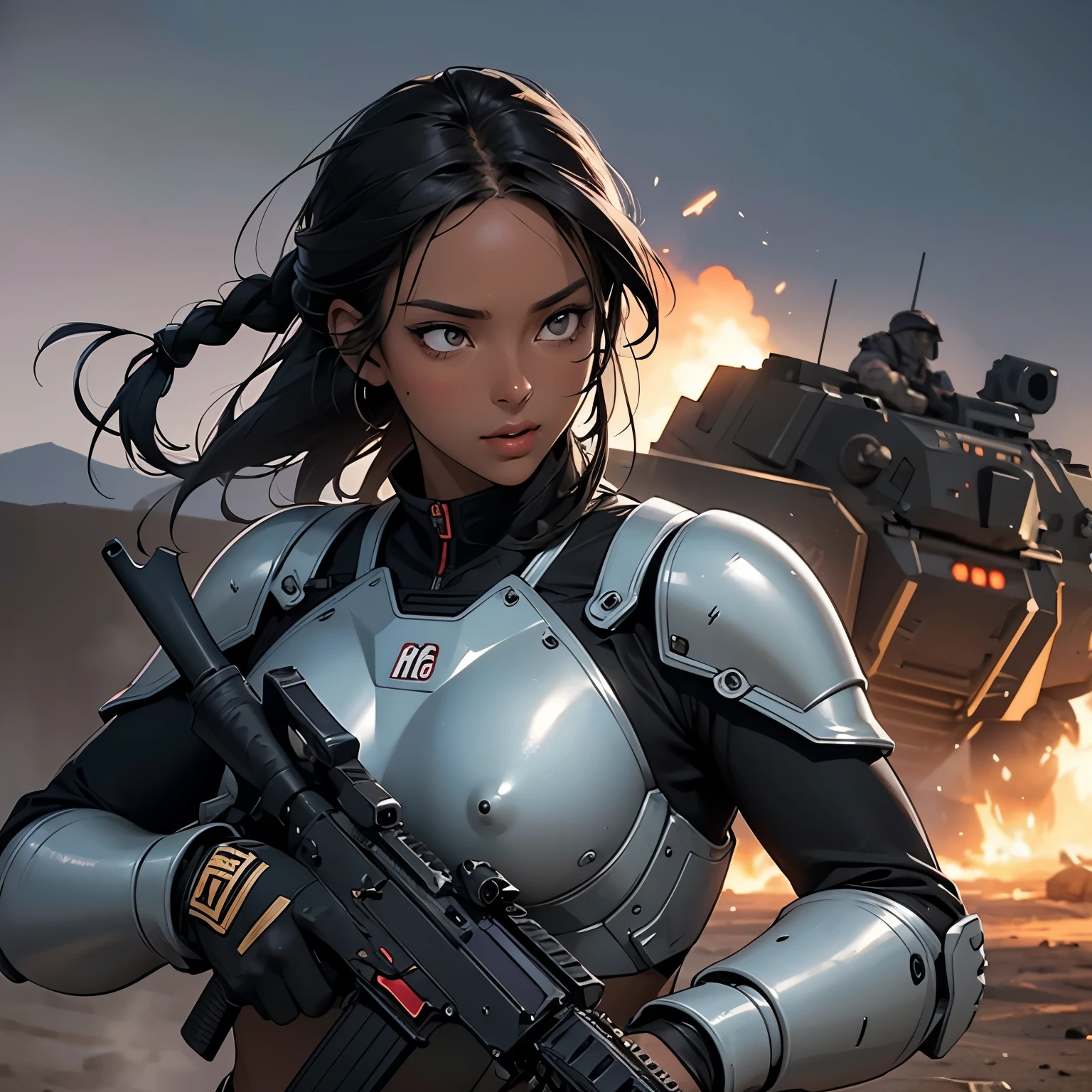 nsfw, anime screencap, 16K, perfect anatomy proportion body, perfect hands, action, A dynamic composition with a sense of speed and movement, (Hold an assault rifle:1.6), a wife, 40age, perfect beautiful delicate sexy face, perfect beautiful delicate eyes, braid-in-braid black hair, (dark skin:1.6), huge breasts, abs, Camouflage-colored heavy armored steam engine full armor powered suit, Many heavily armored robot soldiers are engaged in a firefight in the background., Flying bullets, Desert Battlefield, war, Post-apocalyptic,