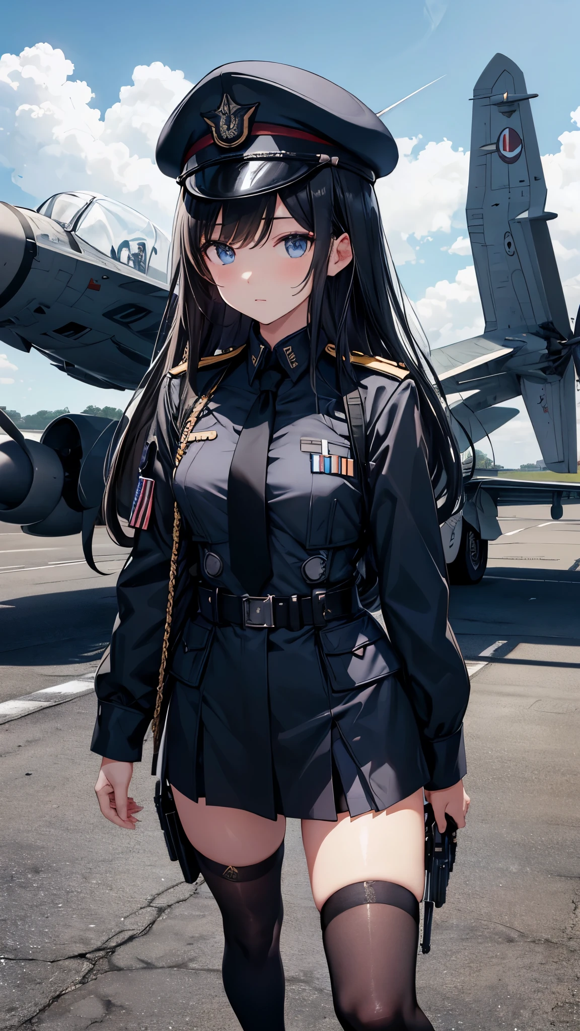 Commander Woman、beautiful、Near future、upright、Salute with your right hand、Left hand lowered、Black military uniform、Black Mini Tight Skirt、Black military boots、Black Stockings、Black Hair、Deep blue eyes、thin black tie、Slender body、Black Beret、Medals、Black single wing on back、Rank insignia on shoulder、He has a gun、(Blue sky and white clouds on background、Fighter plane in the background)