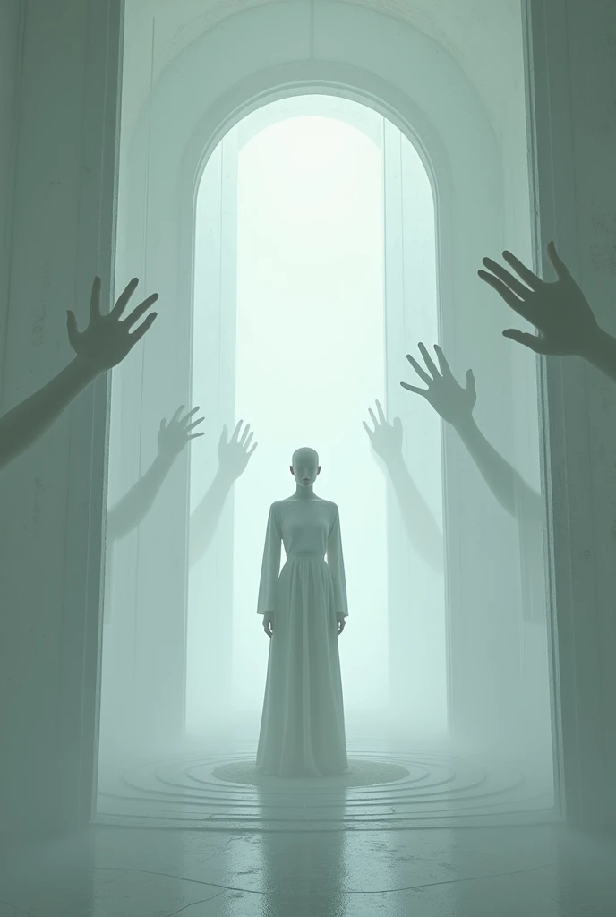 A science fiction scene with a neutral color scheme. There are transparent walls with the silhouettes of desperate hands and faces trying to communicate from other dimensions. In the center of the room, there is an androgynous person dressed in white, with their face concealed. The room has a futuristic design with curved walls and a circular pattern on the floor. The lighting is soft.