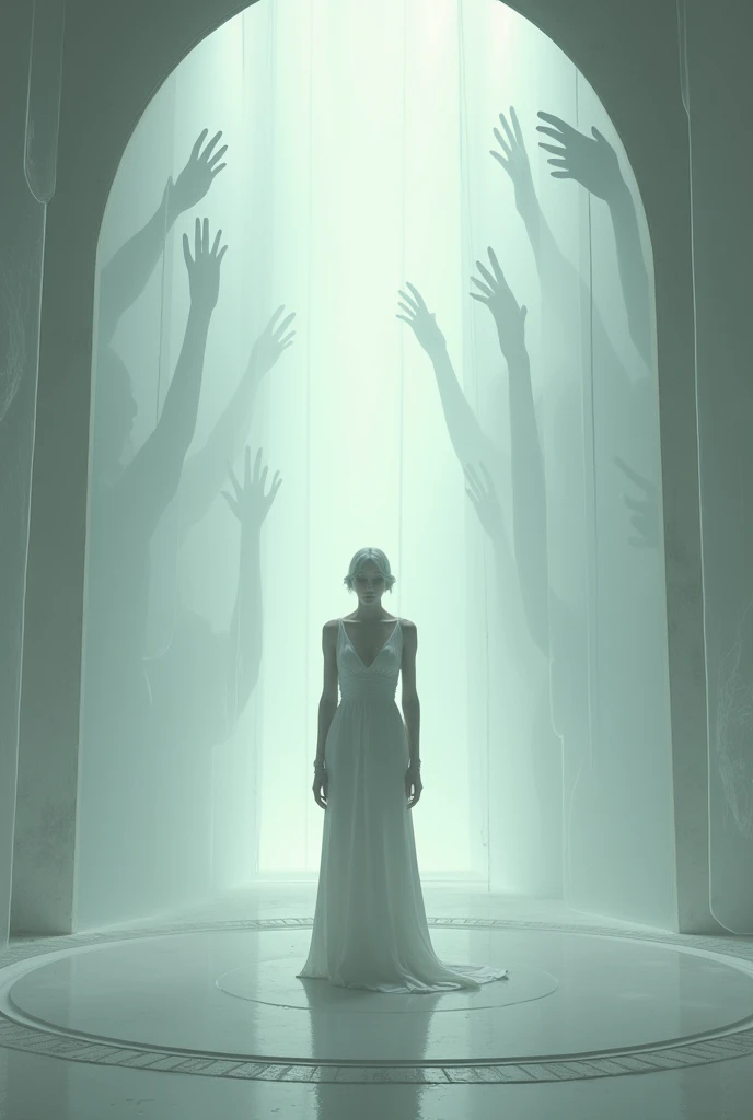A science fiction scene with a neutral color scheme. There are transparent walls with the silhouettes of desperate hands and faces trying to communicate from other dimensions. In the center of the room, there is an androgynous person dressed in white, with their face concealed. The room has a futuristic design with curved walls and a circular pattern on the floor. The lighting is soft.