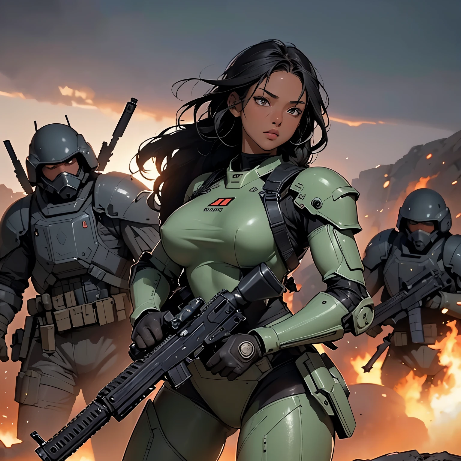 nsfw, anime screencap, 16K, perfect anatomy proportion body, perfect hands, action, A dynamic composition with a sense of speed and movement, (Hold an assault rifle:1.6), a wife, 40age, perfect beautiful delicate sexy face, perfect beautiful delicate eyes, braid-in-braid black hair, (dark skin:1.6), huge breasts, abs, Camouflage-colored heavy armored steam engine full armor powered suit, Many heavily armored robot soldiers are engaged in a firefight in the background., Flying bullets, Desert Battlefield, war, Post-apocalyptic,