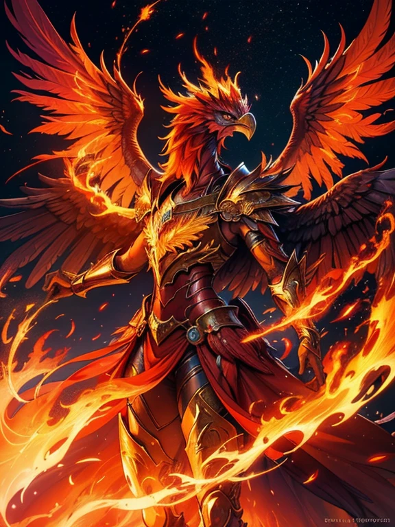  ( perfect anatomy ) a mythical phoenix bird, feathers of fire, spreading sparks, wings ablaze, flying through chaos, ethereal and divine, photorealistic, 8k, hyper detailed, dramatic lighting, vibrant colors, surreal and abstract, fiery holographic effects, dynamic movement(Open your big glowing wings) Phoenix knight, Phoenix knight armor