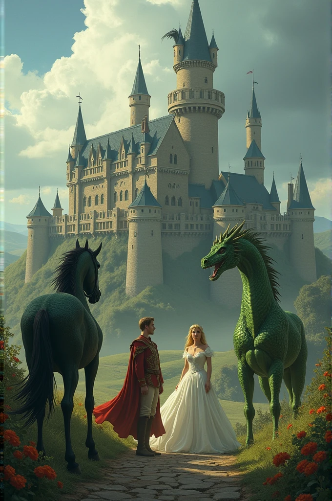 A castle, a princess and a prince, Next to them an evil woman with a green dragon and a horse