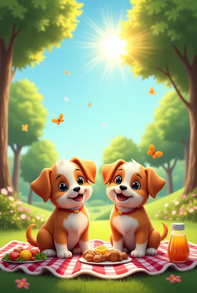 Create a couple of puppies, having a picnic in a park, with a beautiful sun