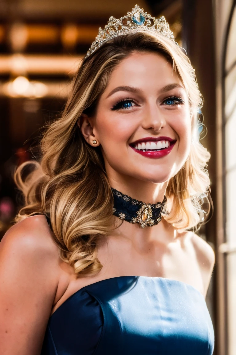 (best quality,4k,8k,highres,masterpiece:1.2),ultra-detailed,(realistic,photorealistic,photo-realistic:1.37),portrait,stunning,wavy blonde hair,hair flowing in the wind,hair with natural highlights,blue satin gown,gown with intricate lace details,elegant and flowing dress,floor-length dress,strapless design,fitting perfectly to her curves,satin fabric reflecting light,accentuating her beauty,elongated white satin elbow gloves,fine creases on the gloves,showcasing attention to detail,bright and captivating smile,perfectly applied lipstick in a natural shade,blue eye shadow accentuating her mesmerizing eyes,meticulously done makeup,enhancing her natural beauty,sparkling tiara adorning her head,exquisite details on the tiara,adding a touch of royalty,elegant black choker around her neck,complementing her attire and highlighting her neckline