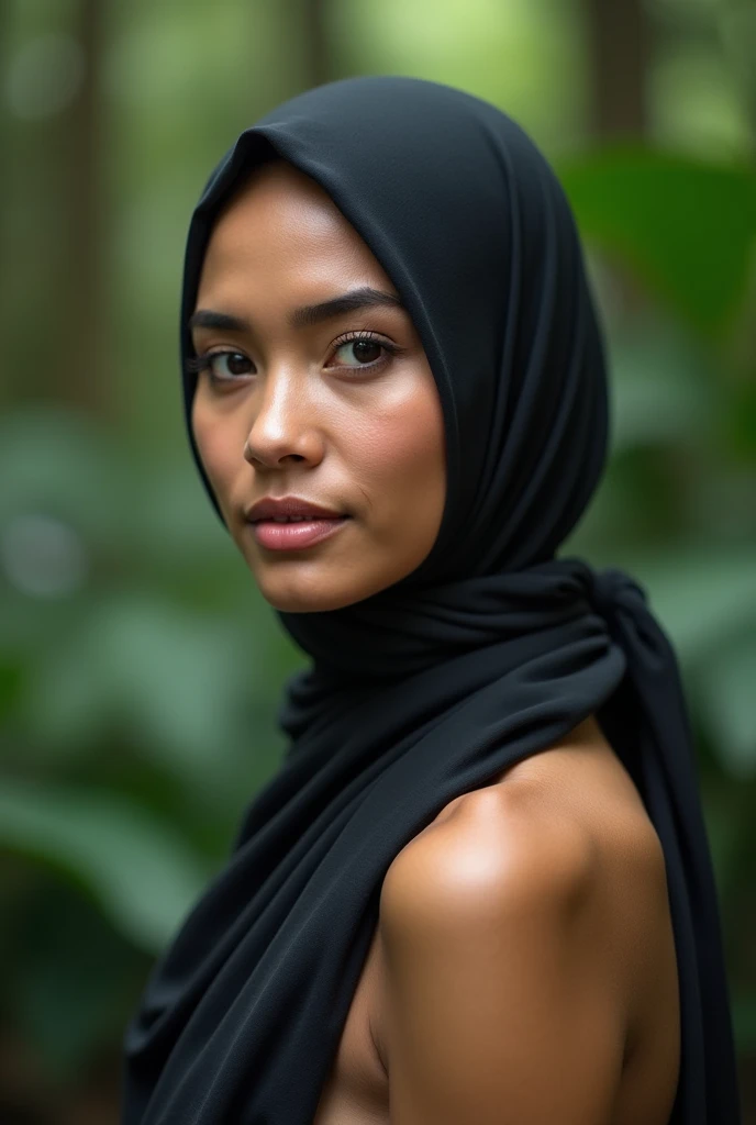 malaysian woman wearing hijab, tied up, jungle background, pretty face, sharp nose, nude body
