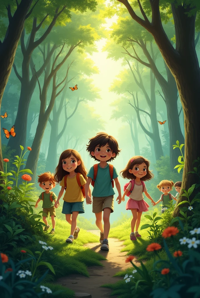 Group of kids walking into the forest add the motion as well
