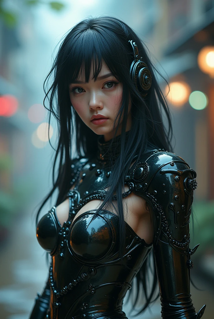 from top wide lens bokeh Beautiful short sexy hourglass figure sundanese german taiwanese mix woman 20yo blonde long angel hairwith big tits ((glasspunk)) glass translucent armor (tentacle as wings)) with super realistic and well detailed black hair shiny ( cyber punk action pose detailed face detailed armor features breath taking background