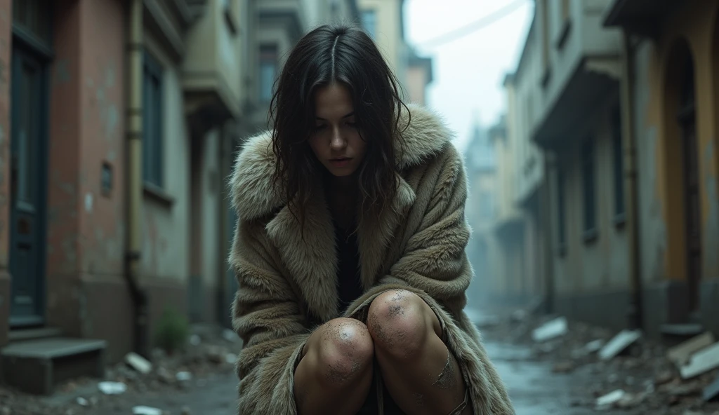 drug addict girl, in an old fur coat, in torn tights, Moscow