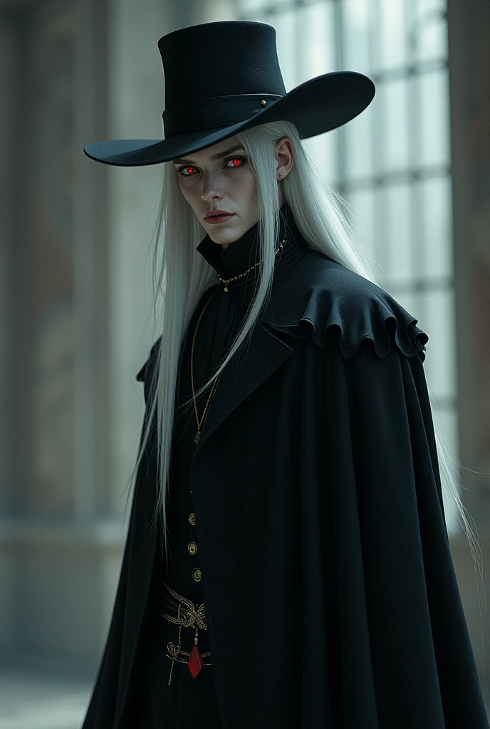 Appearance: Konstantin is a tall, skinny vampire, with long white hair that contrasts with her equally pale skin. His eyes are piercing red and slanted., which accentuates its aura of mystery and threat. He usually wears extravagant and dark clothes., including a long-brimmed black hat that enhances his enigmatic presence. is a man
