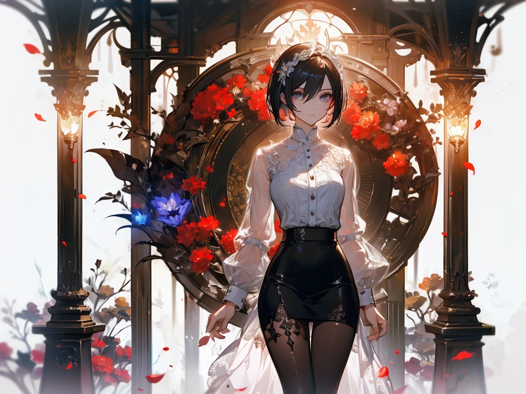 ((masterpiece, best quality)), Epic battlefield atmosphere,Ashes Paradise,Maid,Flame Surround,spark,Petals falling,A meticulous face,Standing image,Perfect body proportions,Stylish short hair,beautiful eyes,Fantasy style,White background,transparent,Sexy,Lace,Pantyhose