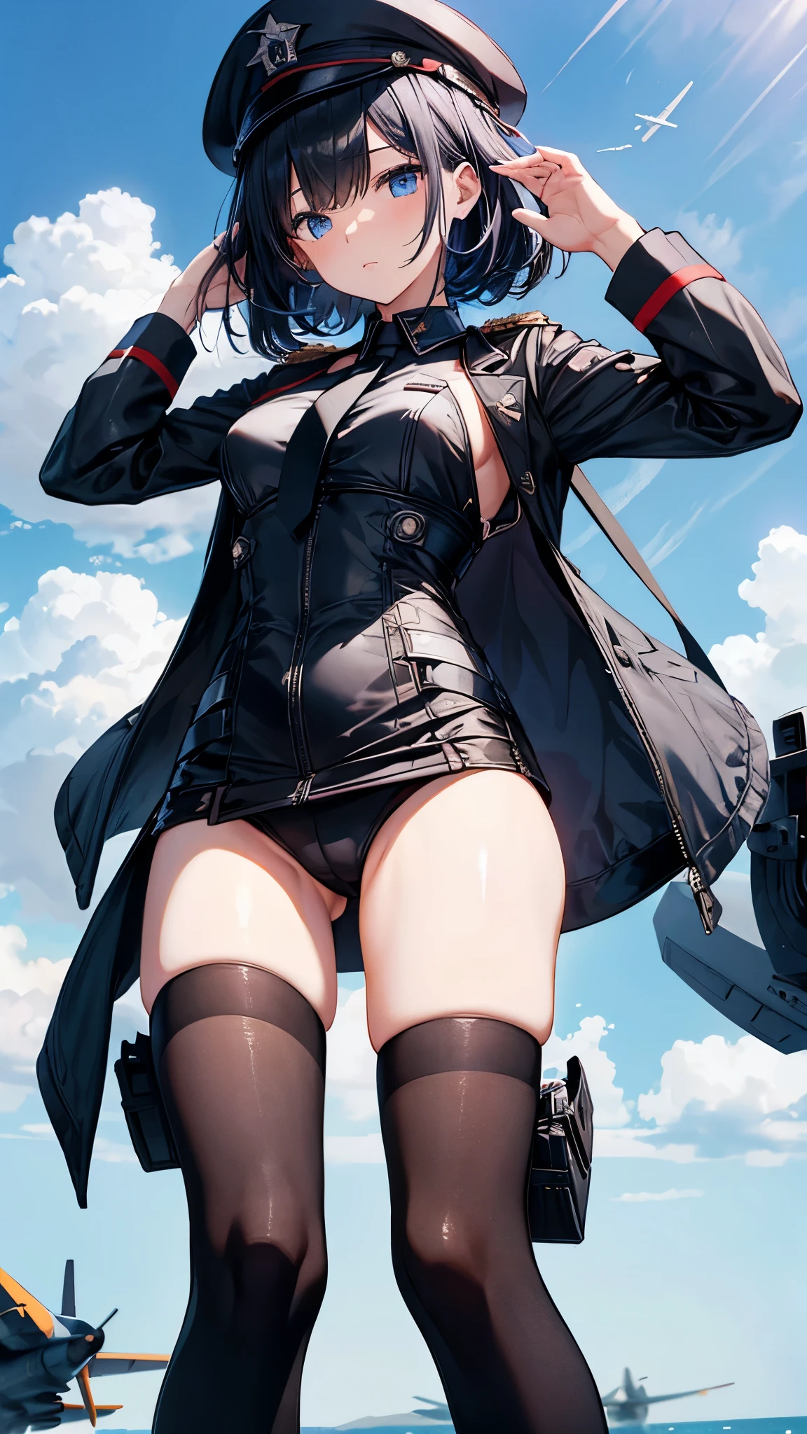 Commander Woman、beautiful、Near future、upright、Salute with your right hand、Left hand lowered、Black military uniform、Black Mini Tight Skirt、Black military boots、Black Stockings、Black Hair、Deep blue eyes、thin black tie、Slender body、Black Beret、Medals、Black single wing on back、Rank insignia on shoulder、He has a gun、(Blue sky and white clouds on background、Fighter plane in the background)