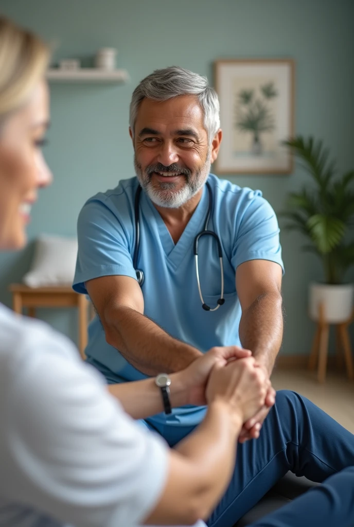  physiotherapist man with latino features performing physical rehabilitation 