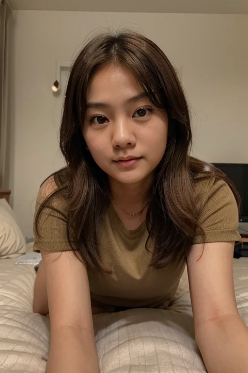 A realistic asian cute and blonde brown hair girl with a little bit round face without top lying on bed and watching at camera