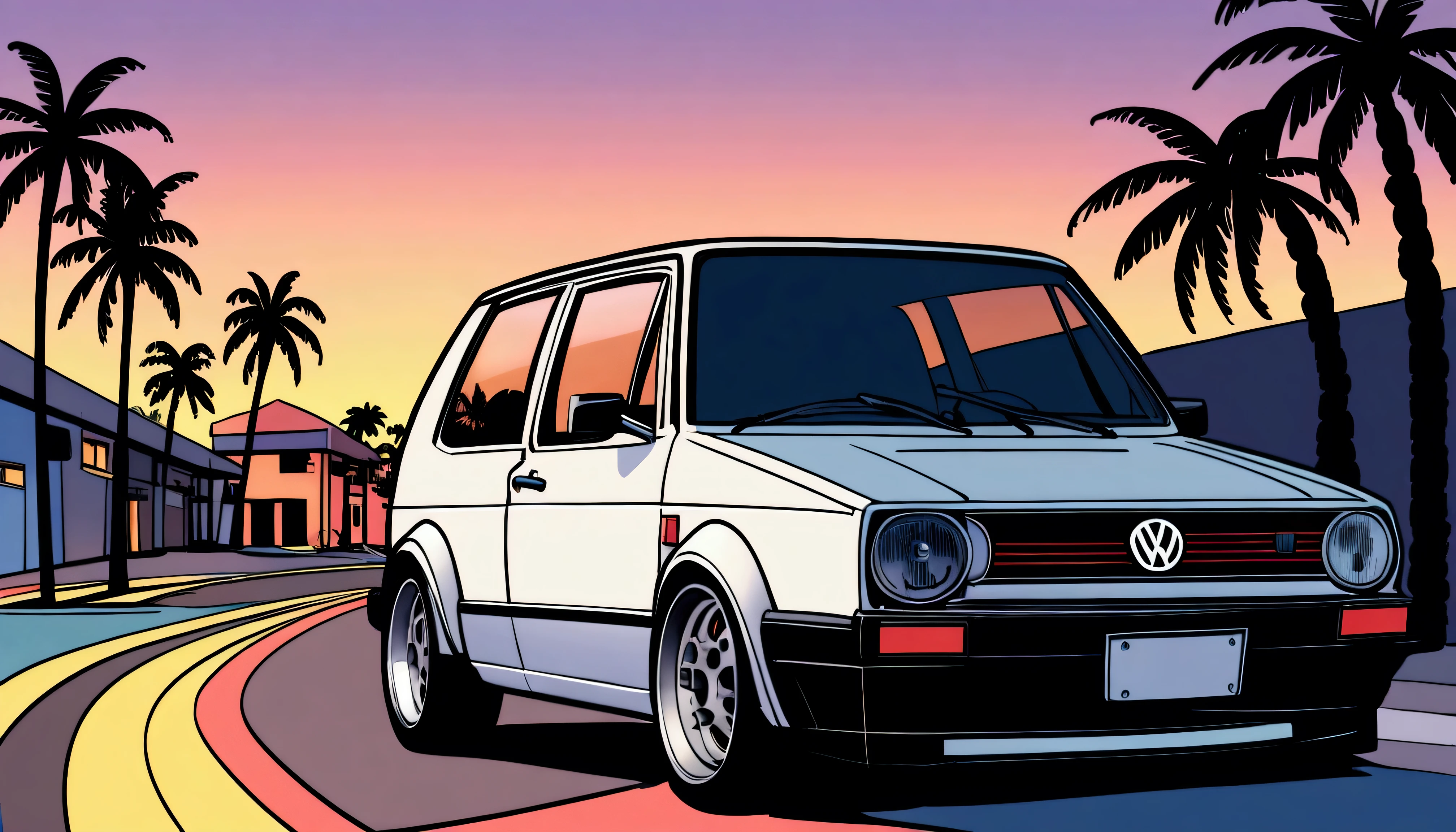 ((TShirt Design)), 1983 Volkswagen Golf GTI, Sunset background, Palm tree, Layers with 5 colors, Corner of the street, Berek's drum, Plethean,