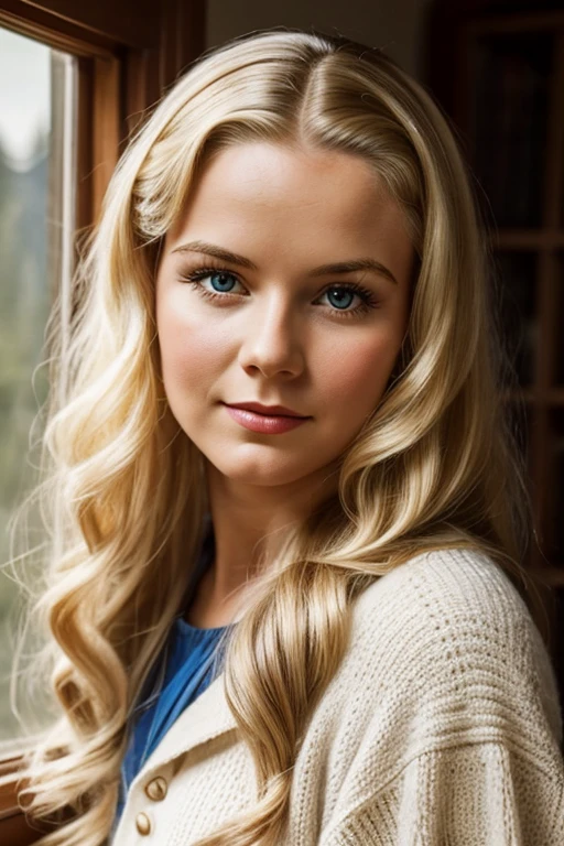 Medium view, of young aged, 30 year old, face portrait, Scandinavian features,long hair, blond hair, 1940s hair style, 1940s clothing, in cozy fjord home 1936, sweaty