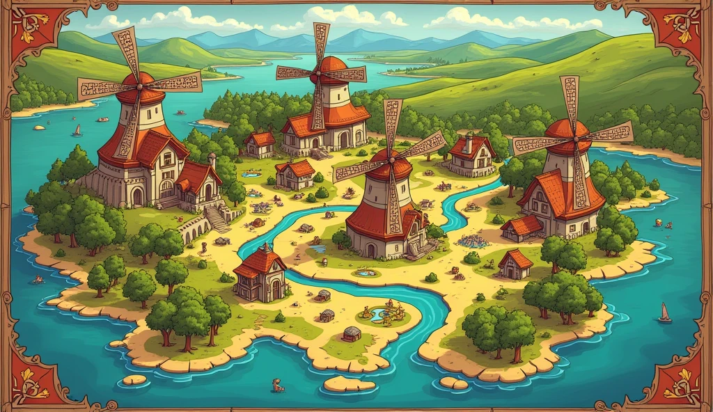 Cartoon style map, it must contain several cities, which relate to trade. A pair of windmills. It should include margins and a border.
