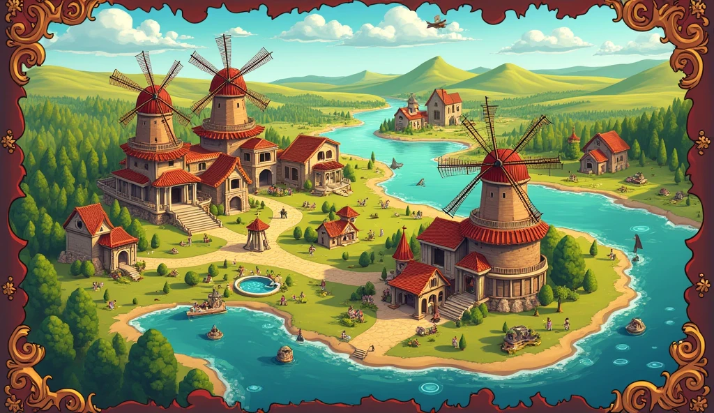 Cartoon style map, it must contain several cities, which relate to trade. A pair of windmills. It should include margins and a border.