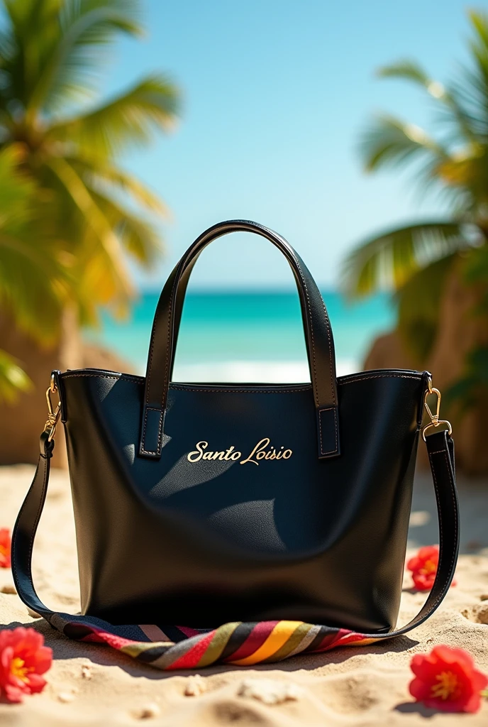 An image of a sustainable and durable leather bag for a spring summer collection. It could be a black bag, but the image should contain something very summery. It is for advertising on social media., so there may be creative elements as well. I loved the image, can include the logo of the brand that calls "Santo Loisio"?