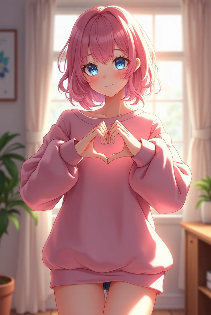 (photorealism:1.2), beautiful woman, she is standing and making a heart shape with her hands, wearing a fleece sweater and exposing her thighs, with medium pink hair curled slightly, along with sparkling blue eyes, perfect body, anime style, cute face