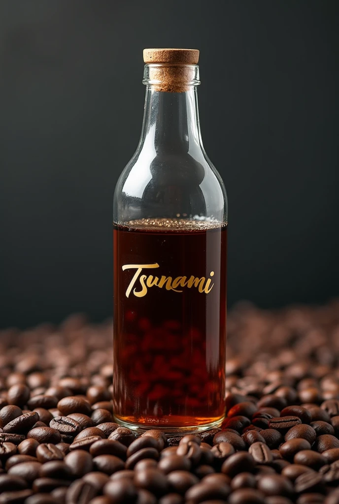 Make a picture 300ml   glass bottle of coffee named Tsunami 🌊 on coffee beans
