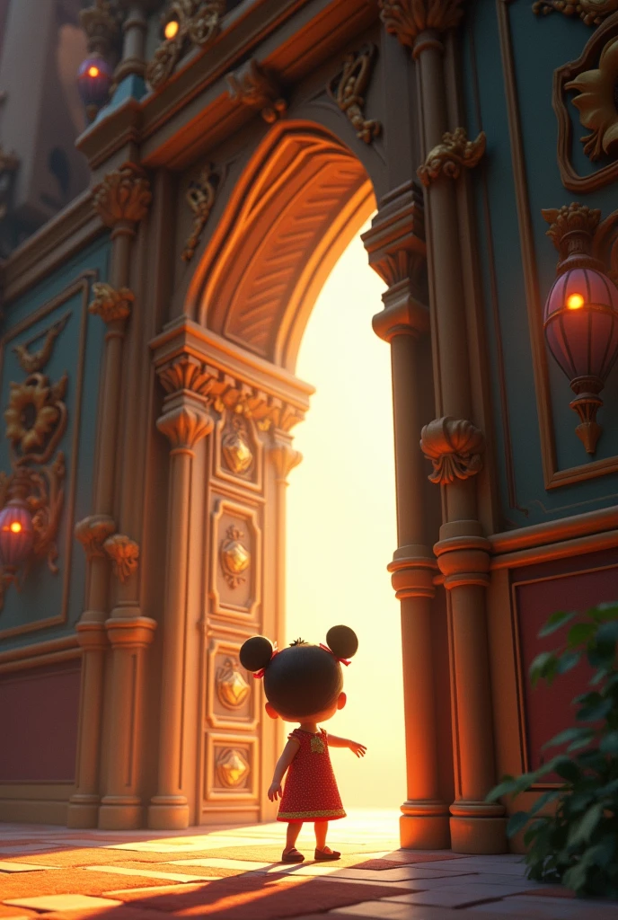 A child entering through a very large door, Disney Pixar style