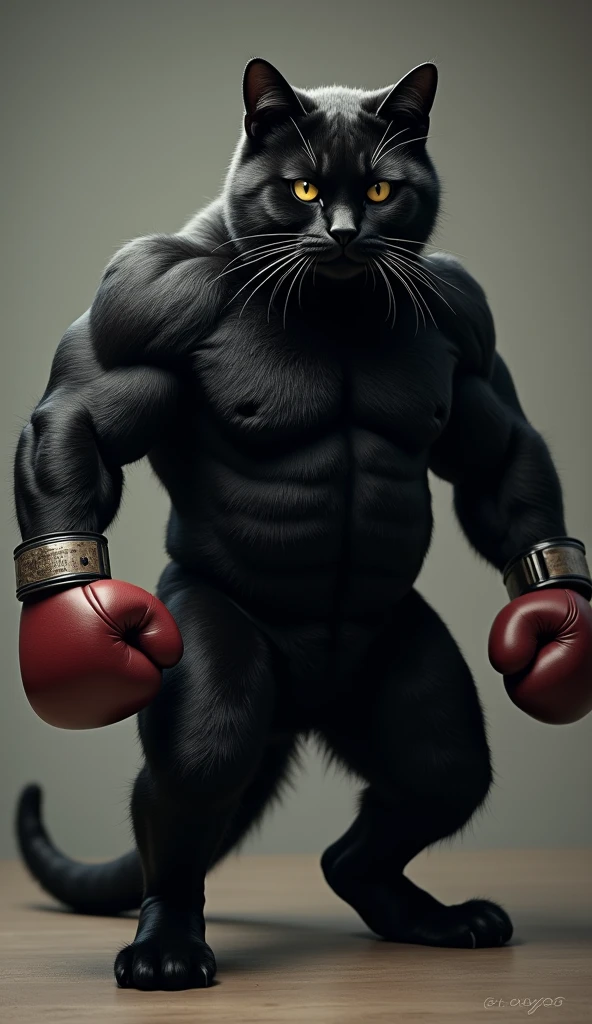 A burly black cat that looks like boxing player