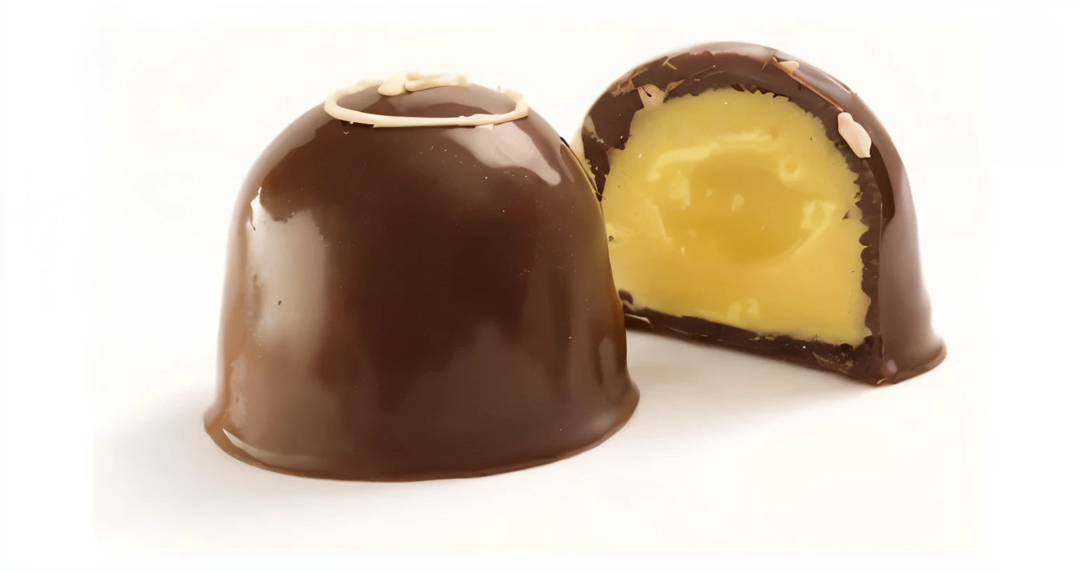 Commercial photo of a smooth homemade truffle with a straight base with melted chocolate coming out of the truffle cut in half