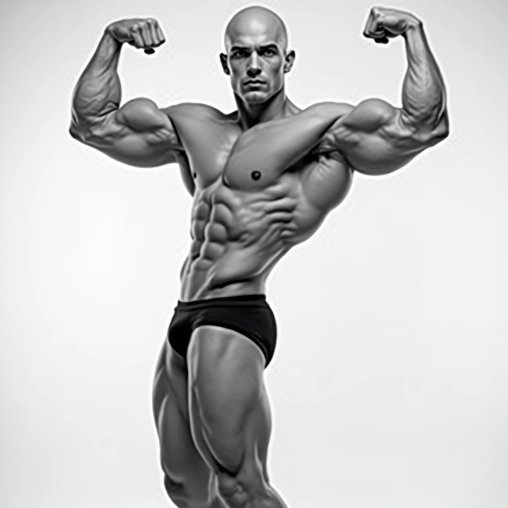 color photo of Pale-skinned, shaved head, white-skinned male bodybuilder posing for the camera, showing off his big muscles all over his body, wearing a black men's bikini, UHD, masterpiece, accurate, textured skin, anatomically correct, super detail, high details, award winning, high quality, best quality, highres, 4K