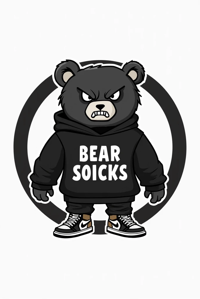 Make me a company logo design that says bearKicks with a bear and some Jordan 1 sneakers on a bearbick, in a circle that is minimalist and that appears in letters the coolest BearKicks in black and white and with an antisocial sweater, The bear that has a sweater that says Antisocial and some sneakers in the title, This is fine but now give it a title BEARKICKS, the bear that looks angry and says BEARKICKS