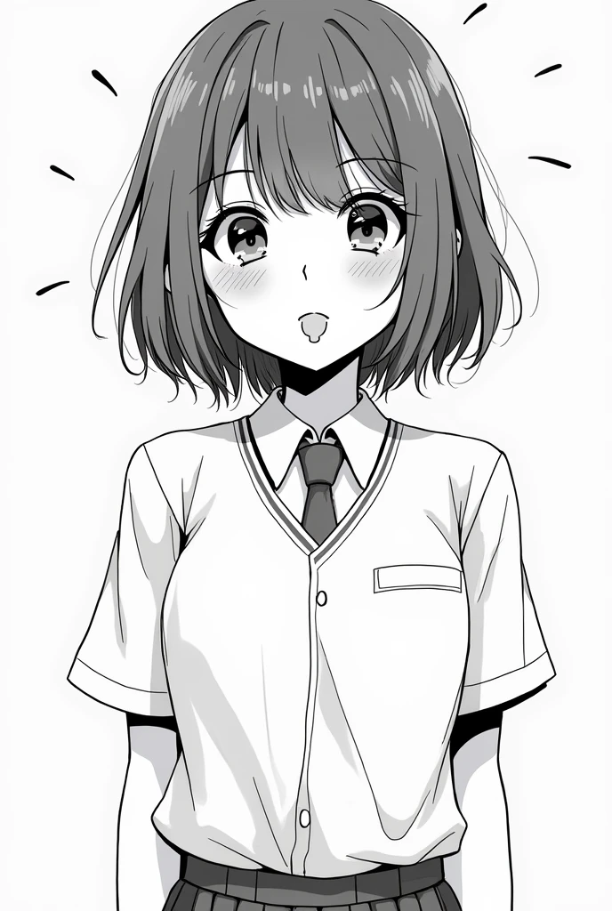 sexy hot, A black and white manga-style girl with large, expressive eyes. she is doing ahegao, His tongue is out of his mouth and he is salivating, sHe has saliva dripping from his mouth, +18 content , She has a short bob haircut with bangs, slightly messy for character. She's wearing a simple outfit, like a school uniform, he is adult, with a pleated skirt and collar. Her expression is thoughtful, with a hint of a smile. The background is minimal, focusing on the character, with subtle lines or shading. with a background of black points manga style, doing topless