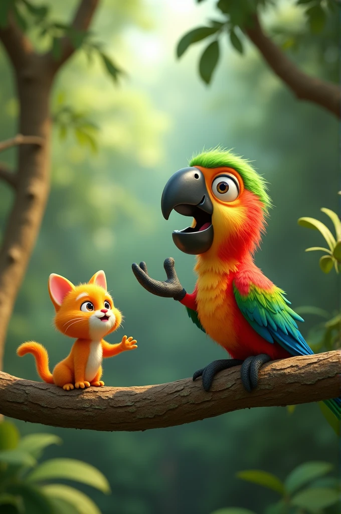 • Talking Parrot Guiding Them: "A wise, colorful parrot speaking to Mango Cat and Motu, who are tiny in size. The parrot is perched on a tree branch, giving them directions with the dense forest in the background."
3D cartoon style