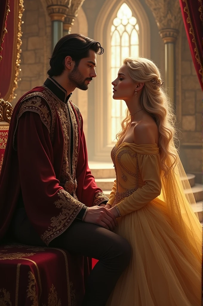A black prince and a blonde princess sitting in the castle.