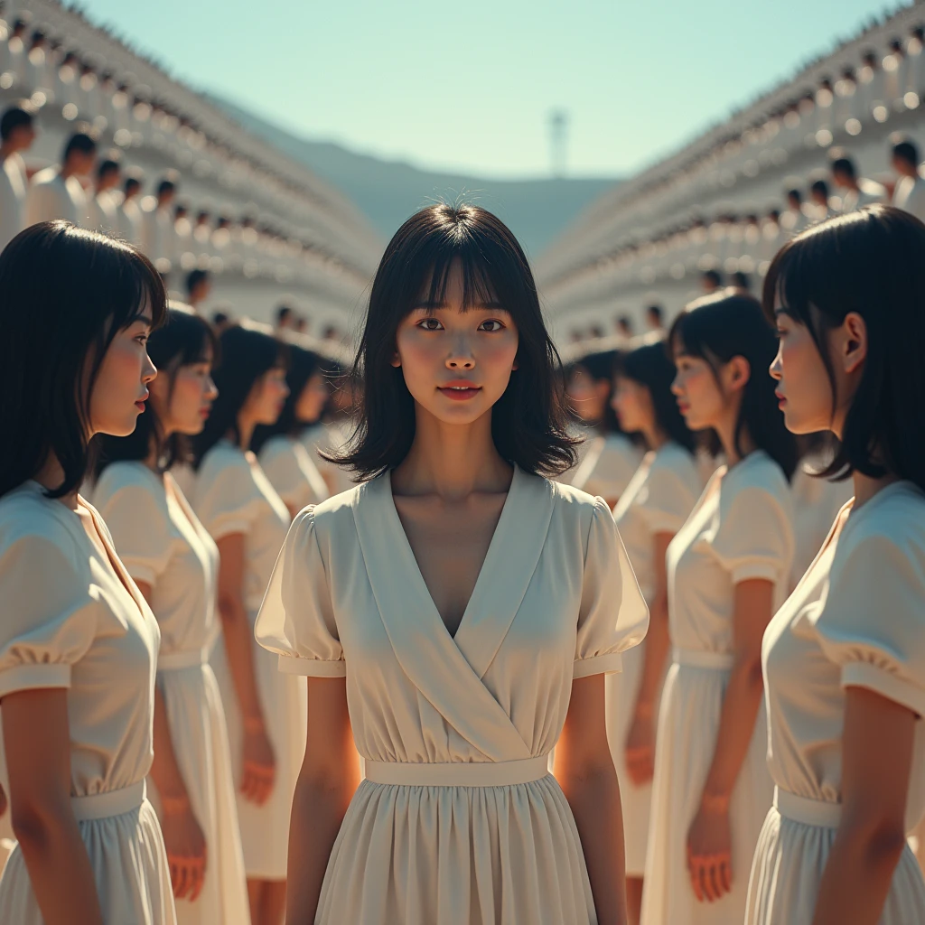 (((((Japanese Clone girls=Myself)))))), (((Best Super High quality Myself Clone girls Raw Photography Art))), (16K, Highest quality, Ultra-high resolution, RAW Photos), (((It's so unrealistic., With unparalleled depiction, With an unfathomable sight, An unprecedented and shocking worldview, Clone girls in a world of mass reproduction, Ultra-realistic))), (((Japanese, woman, 20yo, Saito-Asuka))), (Small face, ((Thick black hair, Semi-long hair))), ((V-neck short-sleeve dress)), (((((Very detailed美しい女体, Accurate body structure, Very detailed完璧な, Super busty body with very large breasts, Clearly emphasizes cleavage))))), (((Dark Eyes, Mature face, Cute Smile, A gentle gaze))), (((Her happy and smiling expression is so cute))), ((((((((Very detailed分身増殖描写, ((1girl→Myself cloning→1,000,000,000,000,000,000,000,000,000,000,000,000,000,000,000,000,000,000,000,000Myself Clone girls)))))))))), ((((((((Very detailed, The precise depiction of the proliferation of Myself Clone girls, ((With the perfectly identical bodies of Myself clone girls, With the exact same face as the Myself clone girls, With the exact same hairstyle as the Myself clone girls, In the exact same clothes as the girls who are my clones, Perfectly the same height as the Myself clone girls, Super big breasts, just like the Myself clone girls)))))))))), (((Myself clone girls only))), (((Multiple pairs, Very detailed depiction, (Myself clone girls hug each other, Myself clone girls assemble, Fun conversations with fellow Myself clone girls, A fun conversation between Myself clone girls, Myself clone girls holding hands, Walking with lots of Myself clone girls, turn around, look at me, The approaching crowd of Myself)))), (((Everyone looks at the camera))), (((Unbelievably crowded, Transcendent Myself clone girls intimately, Countless Myself clone girls surround you in 360 degrees))), (Bright, soft sunlight), (((Very wide field of view, Very detailed, Detailed ultra-perspective depiction with clear depth, super wide view))), (((((Scenery with a steeply curving slope))))), (((Very photographic and detailed depiction, Myself clone girls will multiply infinitely and fill the surroundings from one side to the horizon with their bodies tightly packed together without any gaps., A scene of endless Myself clone girls and a fun atmosphere))), (Focus on the average value of the image)