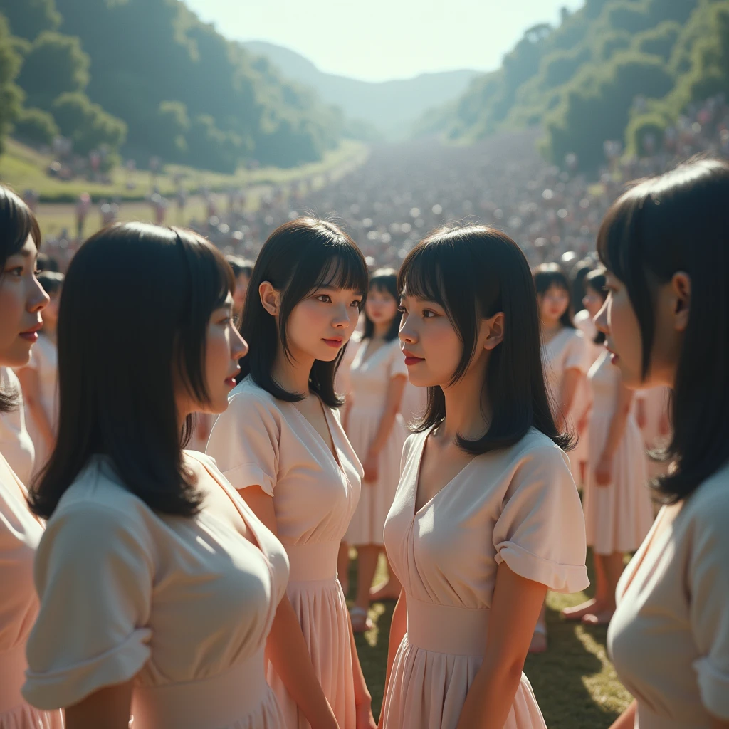 (((((Japanese Clone girls=Myself)))))), (((Best Super High quality Myself Clone girls Raw Photography Art))), (16K, Highest quality, Ultra-high resolution, RAW Photos), (((It's so unrealistic., With unparalleled depiction, With an unfathomable sight, An unprecedented and shocking worldview, Clone girls in a world of mass reproduction, Ultra-realistic))), (((Japanese, woman, 20yo, Saito-Asuka))), (Small face, ((Thick black hair, Semi-long hair))), ((V-neck short-sleeve dress)), (((((Very detailed美しい女体, Accurate body structure, Very detailed完璧な, Super busty body with very large breasts, Clearly emphasizes cleavage))))), (((Dark Eyes, Mature face, Cute Smile, A gentle gaze))), (((Her happy and smiling expression is so cute))), ((((((((Very detailed分身増殖描写, ((1girl→Myself cloning→1,000,000,000,000,000,000,000,000,000,000,000,000,000,000,000,000,000,000,000,000Myself Clone girls)))))))))), ((((((((Very detailed, The precise depiction of the proliferation of Myself Clone girls, ((With the perfectly identical bodies of Myself clone girls, With the exact same face as the Myself clone girls, With the exact same hairstyle as the Myself clone girls, In the exact same clothes as the girls who are my clones, Perfectly the same height as the Myself clone girls, Super big breasts, just like the Myself clone girls)))))))))), (((Myself clone girls only))), (((Multiple pairs, Very detailed depiction, (Myself clone girls hug each other, Myself clone girls assemble, Fun conversations with fellow Myself clone girls, A fun conversation between Myself clone girls, Myself clone girls holding hands, Walking with lots of Myself clone girls, turn around, look at me, The approaching crowd of Myself)))), (((Everyone looks at the camera))), (((Unbelievably crowded, Transcendent Myself clone girls intimately, Countless Myself clone girls surround you in 360 degrees))), (Bright, soft sunlight), (((Very wide field of view, Very detailed, Detailed ultra-perspective depiction with clear depth, super wide view))), (((((Scenery with a steeply curving slope))))), (((Very photographic and detailed depiction, Myself clone girls will multiply infinitely and fill the surroundings from one side to the horizon with their bodies tightly packed together without any gaps., A scene of endless Myself clone girls and a fun atmosphere))), (Focus on the average value of the image)