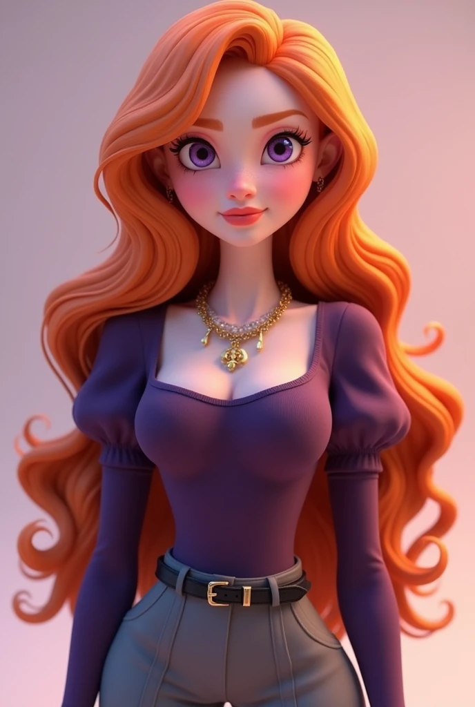 Vanessa is a very beautiful fifteen-year-old girl with snow-white skin, She has long, wavy, bright light orange hair that is usually styled half up with two strands falling down her beautiful face.,She has almond-shaped eyes, a light lilac purple color., her face is heart-shaped and she has a small nose and salmon pink lips, She wears a dark purple tight-fitting long-sleeved shirt with puffed arms and a square cut at the top of the chest but without being low-cut, in addition to wearing three necklaces., He is wearing smart grey trousers with a thin black leather belt and black ankle boots..((3D style)) ((Style Miraculous ladybug)).
