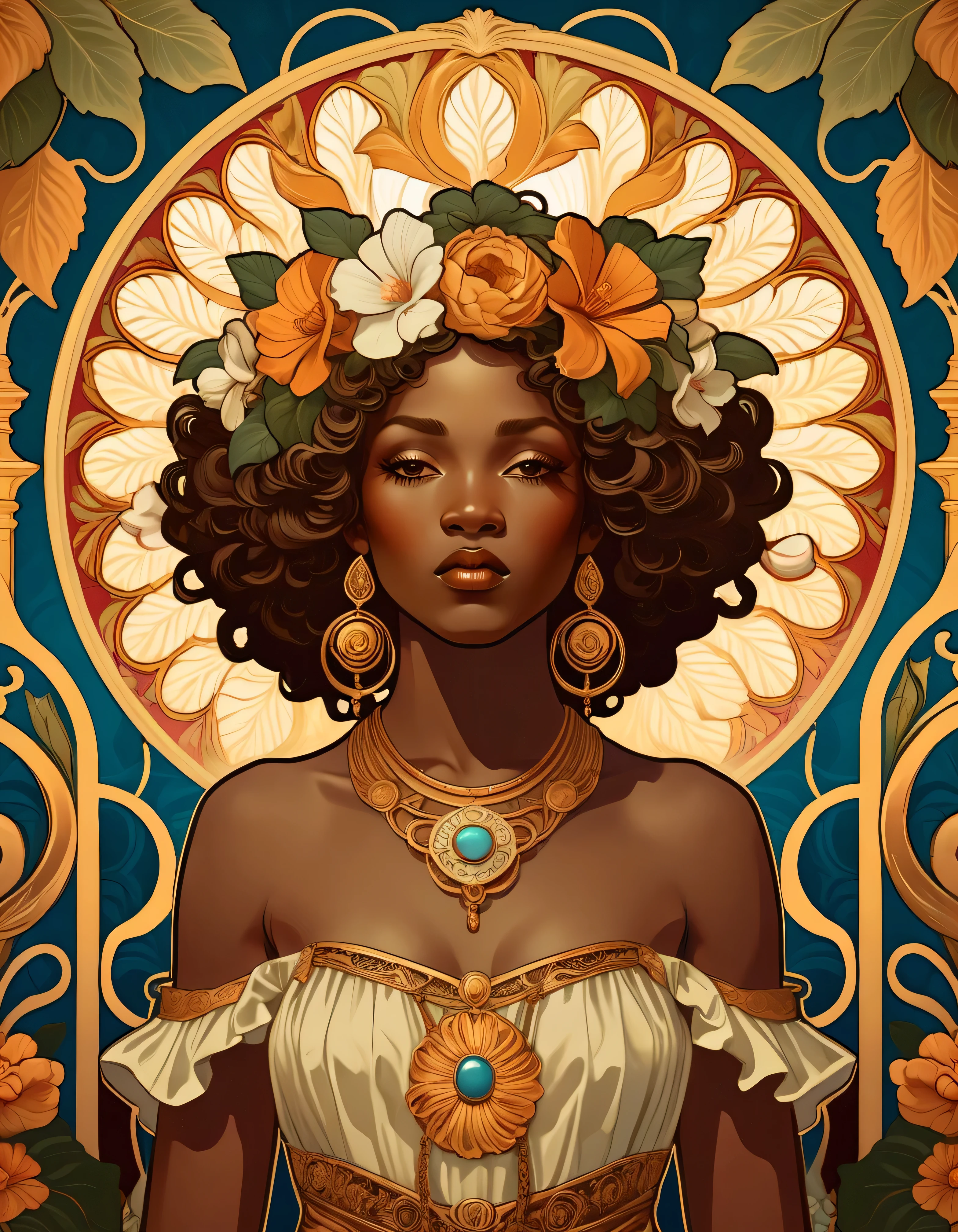 old (Masterpiece, Best Quality, Highres:1.2) Art Nouveau Style Beautiful African Woman with large Hair Shaped as Flowers and large necklaces in the Style of Alphonse Mucha, portrait of a beautiful cute, Roman Art, Dreamy Looks, Full of Romanticism, very beautiful, standing artistically, realistic natural, professional light distribution, very artistic lighting gradation, artistic detail, highly detailed, centered, Nymph-pattern vintage wallpaper with dramatic backlighting casting deep shadows, featuring a meticulously crafted illustration inspired by Dan Mumford and Alphonse Mucha, hyper-realistic and photorealistic textures, extremely detailed with intricate floral and foliage elements, octane rendered in 8K (extremely detailed 8k wallpaper), Golden ratio, hidden ancient African symbols (, Spiral), balanced design, color harmony, Vernis Martin, golden, ancient mythology, artistically twisted edges, reminiscent of old-world craftsmanship with a contemporary edge, volumetric lighting, ultra fine details.