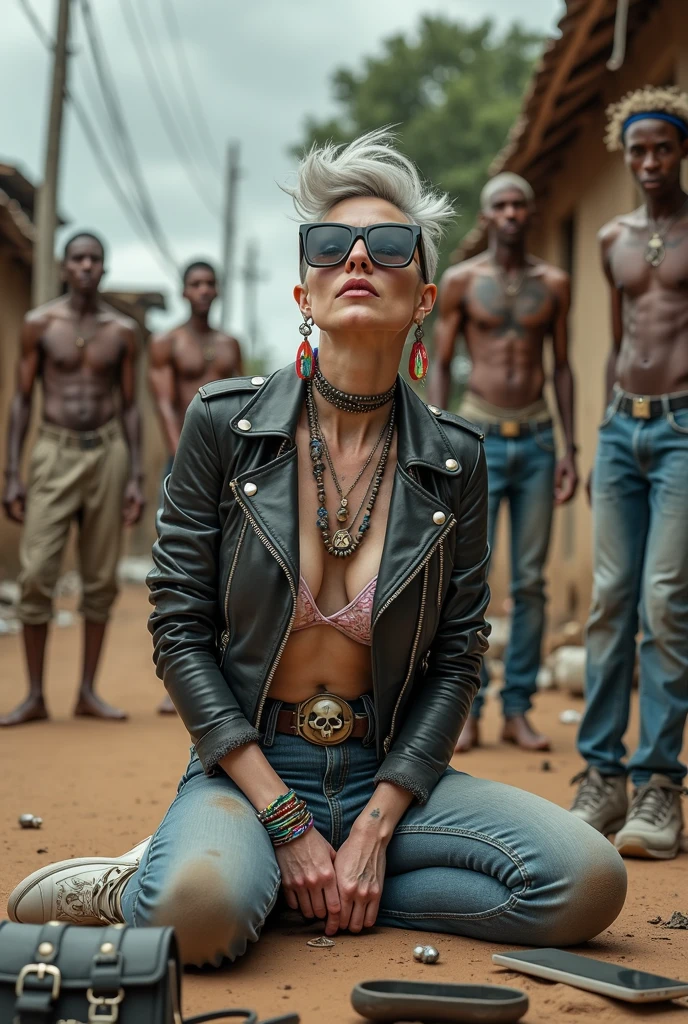 russian milf woman, grey hair (pouf, and top bun and shaved sides) and oversized square maxi sunglasses as headband, with very light blue eyes, extremely pale. Wearing aged black cropped moto jacket with padded shoulders with lots of zippers and pins; dirty tight push up bra, skinny aged low rise blue jeans and dirty white tennis sneakers. Dirty knees and dusty hands. Lots of metallic bracelets, lots of boho pendants and lots of colourful beads collars. Tacky wide studded leather belt with oversized skull and bones buckle. Long bohemian earrings with colourful feathers. Kneeling like in a payer, looking up, chin up stretching her neck , humble facial expression. Hands on her knees, showing off bracelets and rings. studded black leather tote bag with chains on the floor, next to her.. Listening in amazement to somebody speaking to her, well toned abdominals, thin neck, slim legs and thin arms. Tattoed heavily on chest and hands. Dirt street in Kenian village full of waste. A lot of tanned shirtless fat men in jeans around looking at her. next to her, all her belongings scattered on the floor: makeup kit, little makeup mirror, studded black leather tote bag, lipstick, wallet, moble etc on the floor