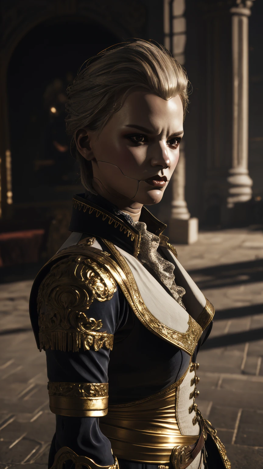 aegis from steelrising, porcelain face, 18th century French military uniform, combat poses, highly detailed, photorealistic, 8k, dramatic lighting, moody atmosphere, rich textures, dramatic shadows, intricate details, striking facial features, piercing eyes, elegant ornate armor, fluid dynamic poses, cinematic composition, strong_negative 