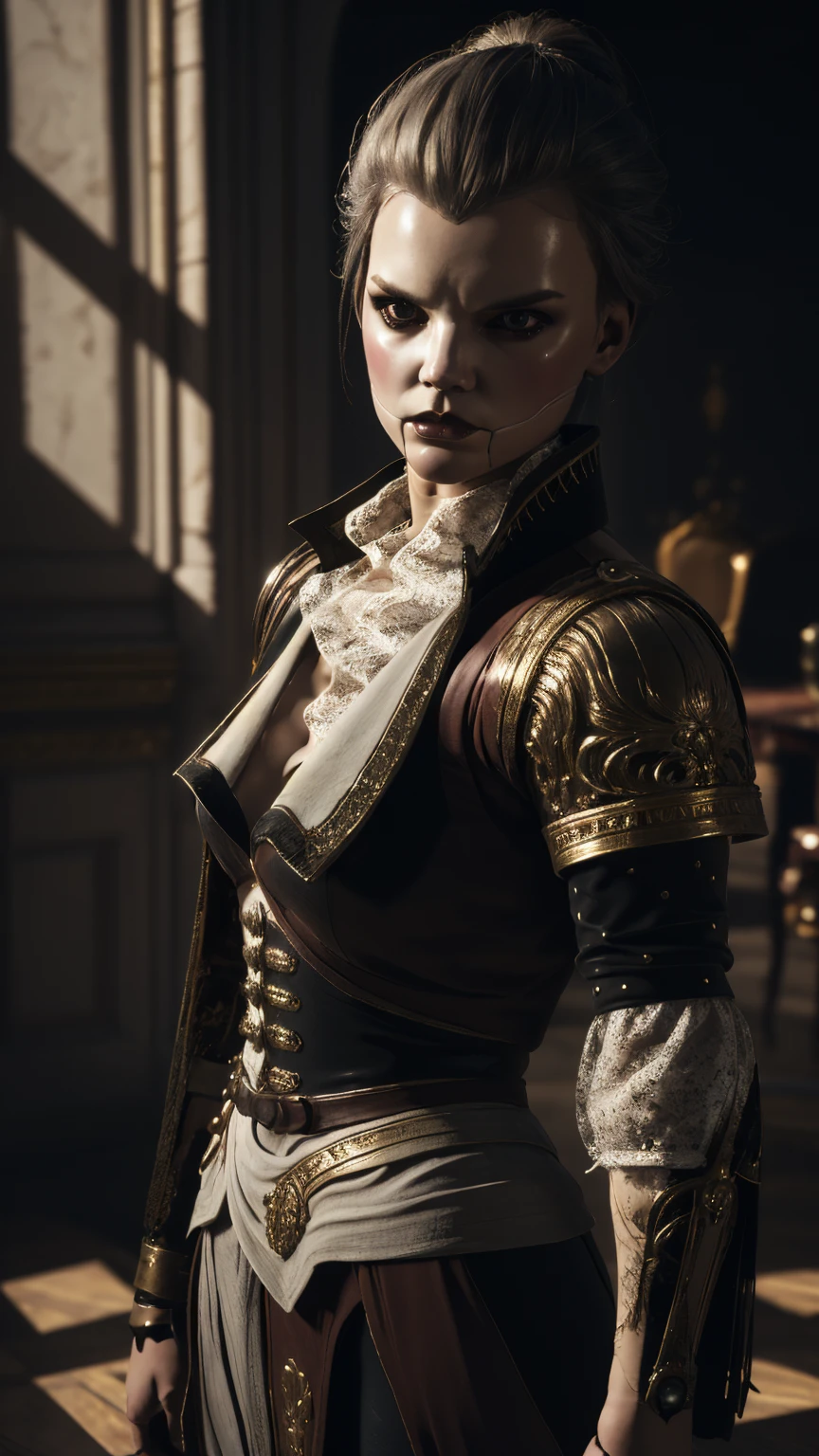 aegis from steelrising, porcelain face, 18th century French military uniform, combat poses, highly detailed, photorealistic, 8k, dramatic lighting, moody atmosphere, rich textures, dramatic shadows, intricate details, striking facial features, piercing eyes, elegant ornate armor, fluid dynamic poses, cinematic composition, strong_negative 