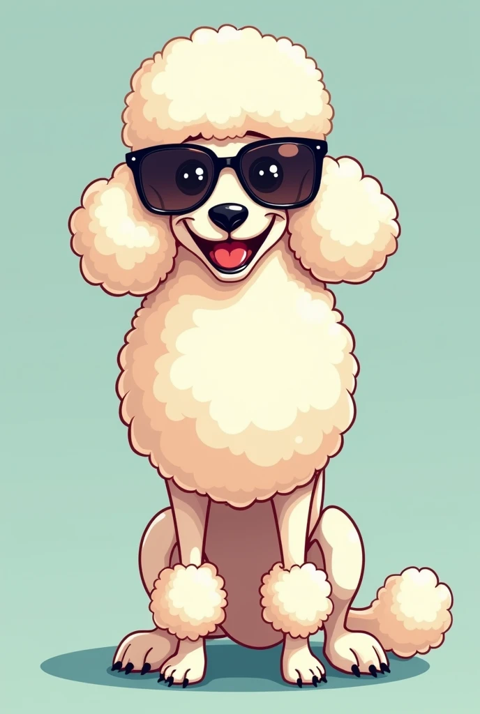Create a cartoon design of a snooty giant poodle dog with sunglasses standing proudly in front of him for a book cover