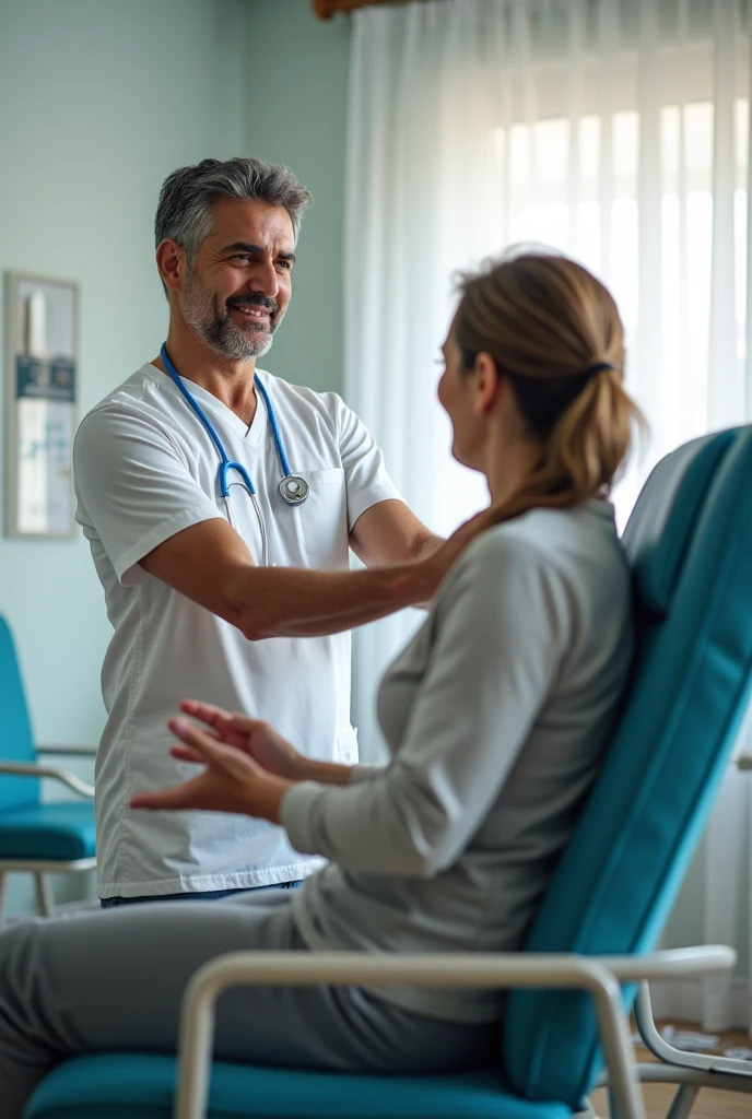  physiotherapist man with Latino features performing physical rehabilitation with exercises 