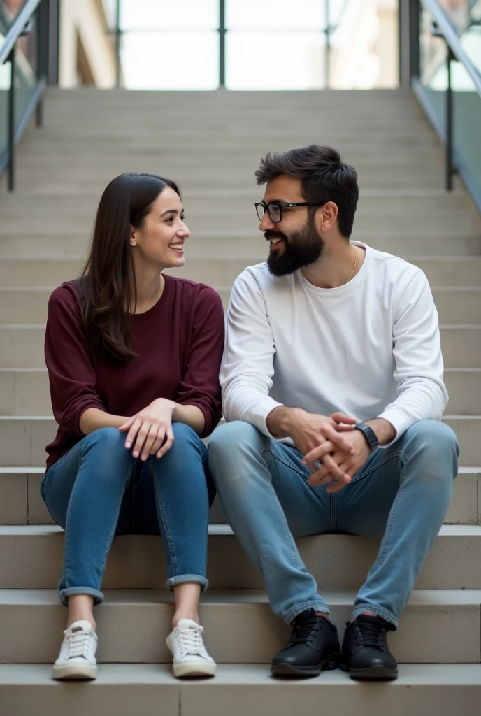 A woman and a men are sitting for talking on the wide stairs the women is wearing a maroon top and jeans , the men is wearing a white full sleeve t shirt, jeans , spec and black sneakers.