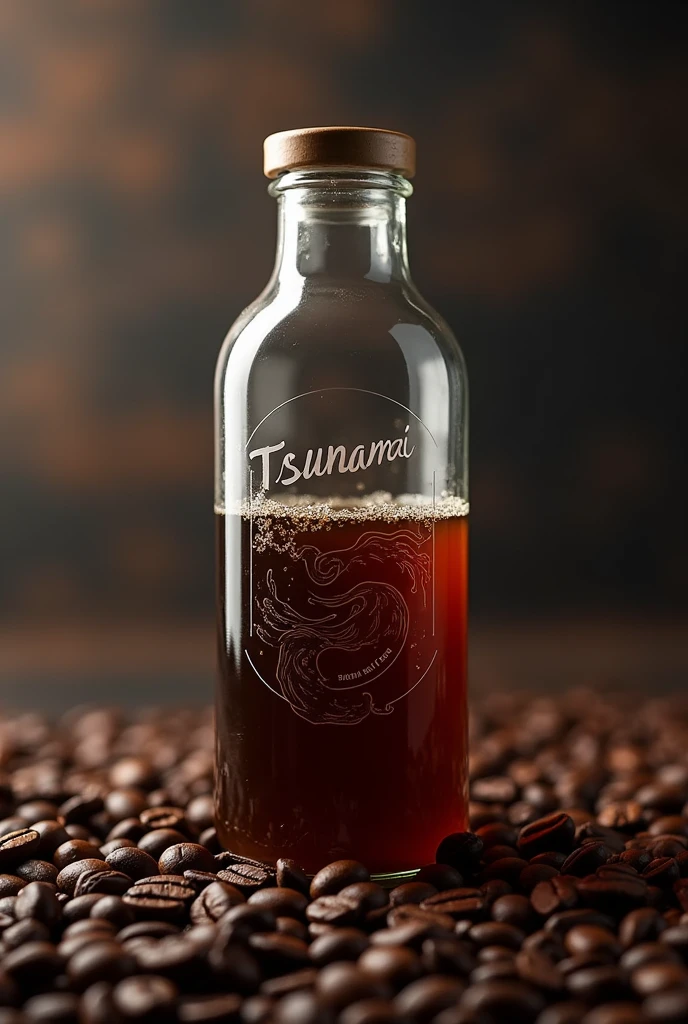 Make a picture 300ml   glass bottle of coffee named Tsunami 🌊 on coffee beans
