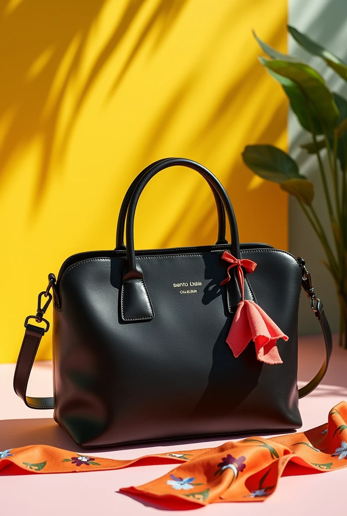 An image of a sustainable and durable leather bag for a spring summer collection. It could be a black bag, but the image should contain something very summery. It is for advertising on social media., so there may be creative elements as well. I loved the image, can include the logo of the brand that calls "Santo Loisio"?