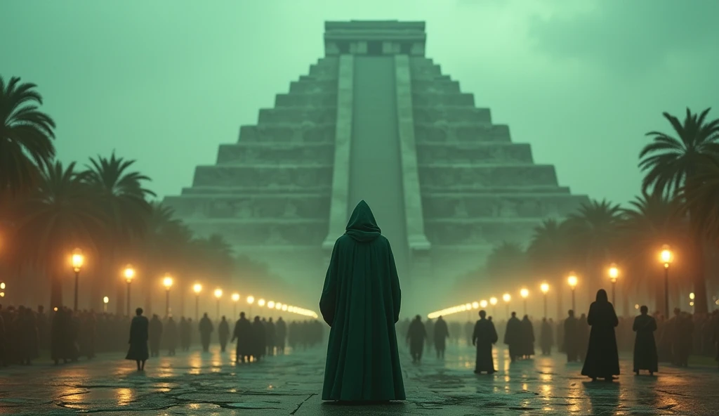 image haute qualité HD 16K, photo réaliste, vu haute altitude, une silhouette habiller d'une longue tunique a capuche vert bouteille se démarque du reste des autre gens, se trouve sur immense esplanade très larges éclairé par les des lampadaires a la lumière douce aux teinte jaune, beaucoup de monde autour d'elle. brouillard, temps humide, ciel couvert de nuage gris. elle se dirige vers vers un immense et grandiose temple a l'allure du temple de Yavin 4 de Star war, l'entreé du temple si imposant que le silhouette parait être une fourmis. Le Grand Temple est une structure massive en forme de pyramide tronquée, ressemblant à une ziggourat ou à une pyramide aztèque. Il est constitué de plusieurs niveaux qui s'élèvent en terrasse, avec une large base qui se rétrécit vers le sommet plat. La structure est faite de grandes pierres taillées et anciennes, couvertes par endroits de végétation, ce qui témoigne de son ancienneté et de l'environnement jungleux de Yavin 4. Des marches larges et raides mènent au sommet du temple, donnant un aspect imposant et sacré à l'édifice
